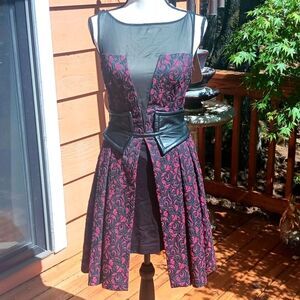 BEBE RARE Black and Red Evening Dress With Sheer Inset And Faux Leather. Gothish